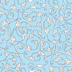 Seamless pattern design with detailed Iznik style floral motifs drawn freehand on digital tablet, elegant rumi style flourishes repeating surface pattern for web and print use.