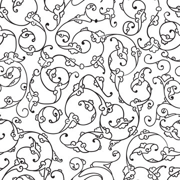 Seamless pattern design with detailed Iznik style floral motifs drawn freehand on digital tablet, elegant rumi style flourishes repeating surface pattern for web and print use.