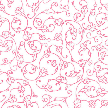 Seamless pattern design with detailed Iznik style floral motifs drawn freehand on digital tablet, elegant rumi style flourishes repeating surface pattern for web and print use.