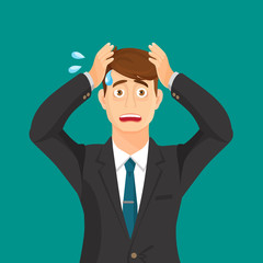 Anxiety person portrait on blue background. Cartoon illustration