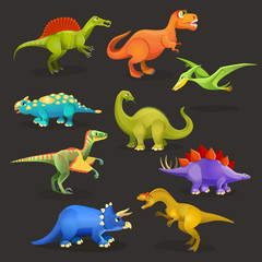 Various dinosaurs set of Jurassic period. Funny cartoon creatures