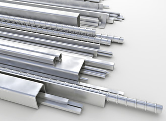 Aluminum and iron metal profiles different shapes sizes. heavy industry