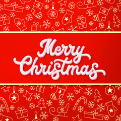 Merry Christmas. White 3d lettering inscription on red and gold Christmas background with sleighs, trees, balls, gifts. Xmas decoration for seasons greeting cards design. Font vector illustration.