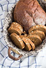 bread in a basket on the towel top view