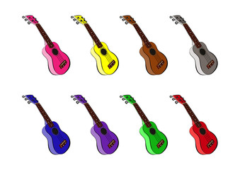 Fototapeta premium Colorful set of ukulele guitars, cartoon vector and illustration, hand drawn, sketch style, isolated on white background.