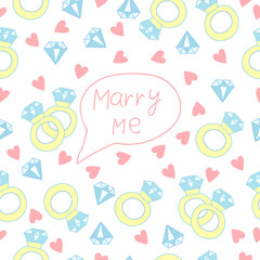 Marry me. Wedding seamless pattern with ring, diamond and hearts. 