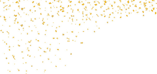 Gold bright confetti on white Christmas background. Golden decoration glitter abstract design of Happy New Year card, greeting, Xmas holiday celebrate banner. Space effect. Vector illustration