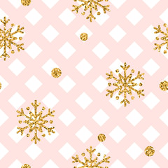 Christmas gold snowflake seamless pattern. Golden snowflakes on pink and white rhombus background. Winter snow texture wallpaper. Symbol holiday, New Year celebration Vector illustration