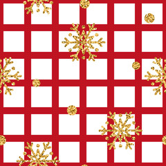 Obraz premium Christmas gold snowflake seamless pattern. Golden glitter snowflakes on red and white square background. Winter snow design wallpaper. Symbol holiday, New Year celebration Vector illustration