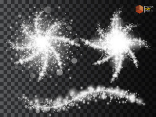 Set white glowing light burst explosion with transparent. Vector illustration for cool effect decoration with ray sparkles. Bright star. Transparent shine gradient glitter bright flare. Glare texture