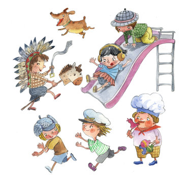 children play, characters, watercolor, illustration, 