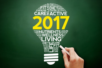 2017 health goals bulb word cloud, health concept on blackboard