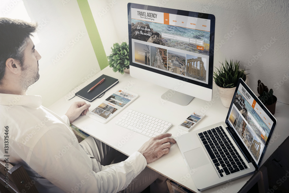 Poster man working with devices
