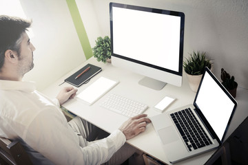 man working with devices