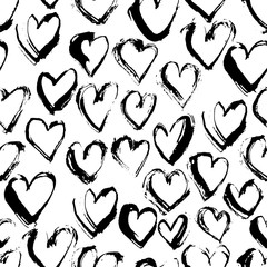 Abstract seamless heart pattern. Ink illustration. Black and white.