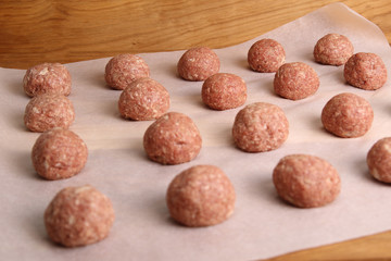 Meatballs on the parchment paper ready for cooking 