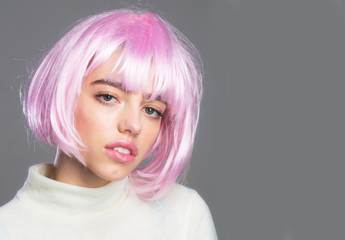 pretty girl in pink hair wig