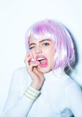 pretty girl in pink hair wig