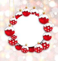 Christmas and Happy New Year Card with Red Snowing Balls