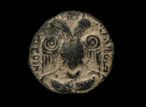 Ancient islamic bronze coin with image of animal head isolated on black