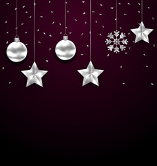 Christmas Dark Background with Silver Balls, Stars and Snowflakes