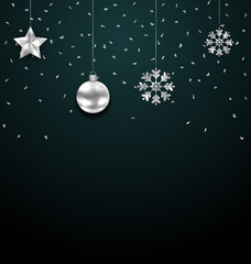 Christmas Dark Background with Silver Balls, Stars and Snowflakes