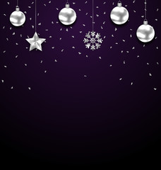Fototapeta na wymiar Christmas Dark Background with Silver Baubles, Greeting Luxury Banner