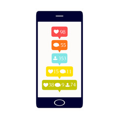 Like, comment and follower icons set. Social media buttons on smartphone display. Notification symbols. Isolated vector illustration.