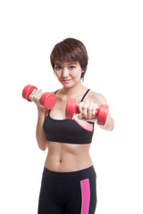 Beautiful Asian healthy girl exercise with dumbbell.
