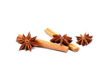 Aromatic star anise and cinnamon isolated on white background