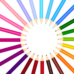 Circle of rainbow colored pencils on white background. vector illustration