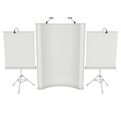 Blank Roll and Pop Up Expo Banner Stand Group. Trade show booth white and blank. 3d render illustration isolated on white background. Template mockup for your expo design.