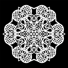 Lace round paper doily, lacy snowflake, greeting element,  template for cutting  plotter, round pattern, laser cut  template, doily to decorate the cake,  vector illustrations.
