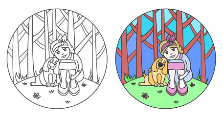  The girl on the lawn near the forest with a dog. coloring