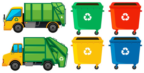Rubbish truck and cans in four colors