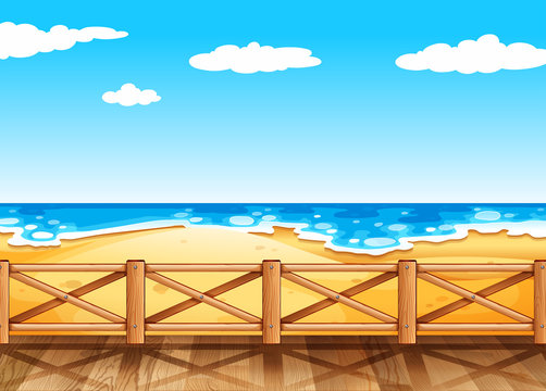 Beach scene with wooden bridge