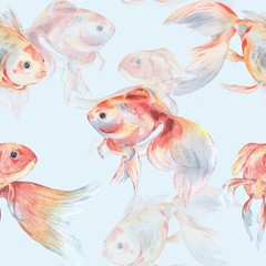 Seamless pattern with goldfish on a blue background. Watercolor painting. Handmade drawing.