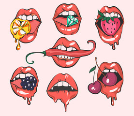 Set of sexy pop art lips, close up view, cartoon girls mouths, vector illustrations