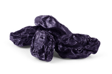 Raw organic prunes, dried plums, isolated on a white background.