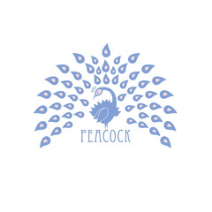 Obraz premium Vector abstract logo of colored bird peacock with crown on background. Blue and pink colors. Template for icon, logo, print, tattoo. Peacock tail open. Front view.