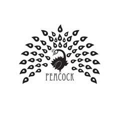 Ornamental silhouette of peacock. Template for icon, logo, print, tattoo. Peacock tail open. Front view.