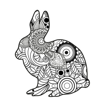 Vector illustration of a black and white rabbit mandala for coloring book, coniglio mandala in bianco e nero da colorare vettoriale