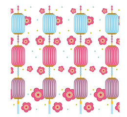 background of chinese lanters and pink flores decorations. colorful design. vector illustration