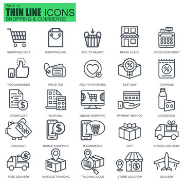Thin line online shopping and e-commerce icons