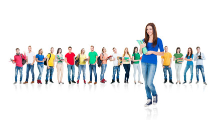 Obraz premium Large group of teenage students on white