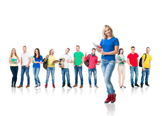 Obraz premium Large group of teenage students on white