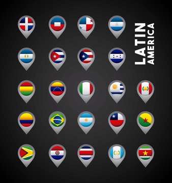 flags of latin america countries on location pins. colorful design. vector illustration