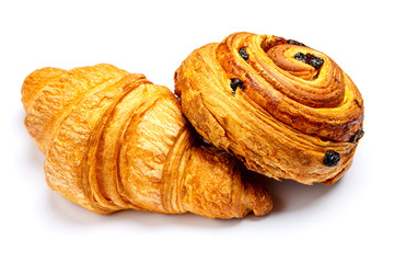 fresh croissant and cinnabon on white background