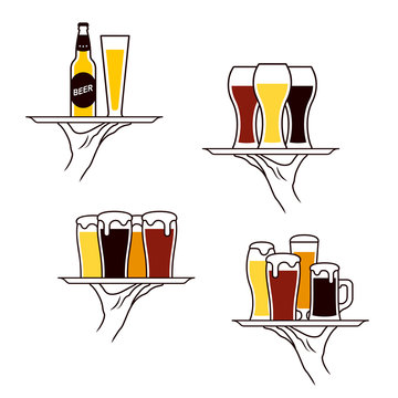 Hand of waiter holding beer on tray. Vector illustration