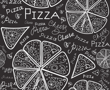 Vector food vector seamless texture with pizza slices and handwritten words "Pizza", chalk on grey board effect